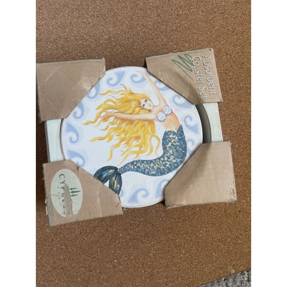 Vintage Mermaid Coasters Set 4 Beach Decor Stoneware Absorbent Style Boxed NOS - Picture 3 of 8